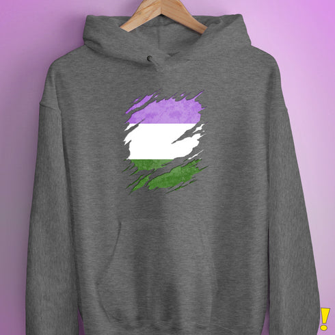 Genderqueer Pride Flag Ripped Reveal Hoodie - Grey Heather
